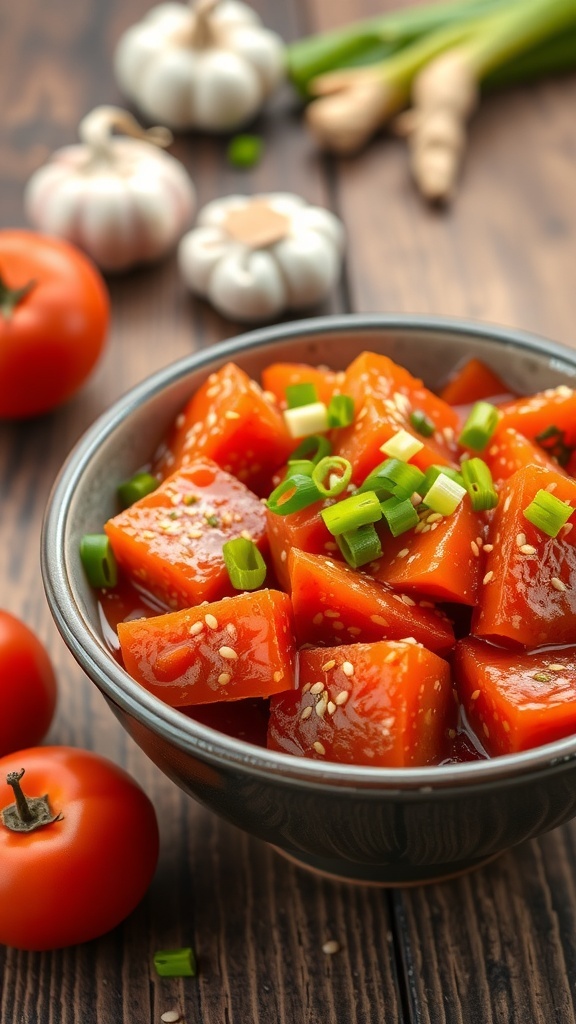 A bowl of spicy tomato kimchi with bright red tomatoes, green onions, and sesame seeds on a wooden table.